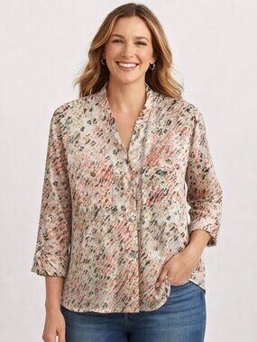 Ruby Rd Artsy Watercolor Semi-Sheer Button Up Top Sz 10 Boho Resort Quiet Luxury
